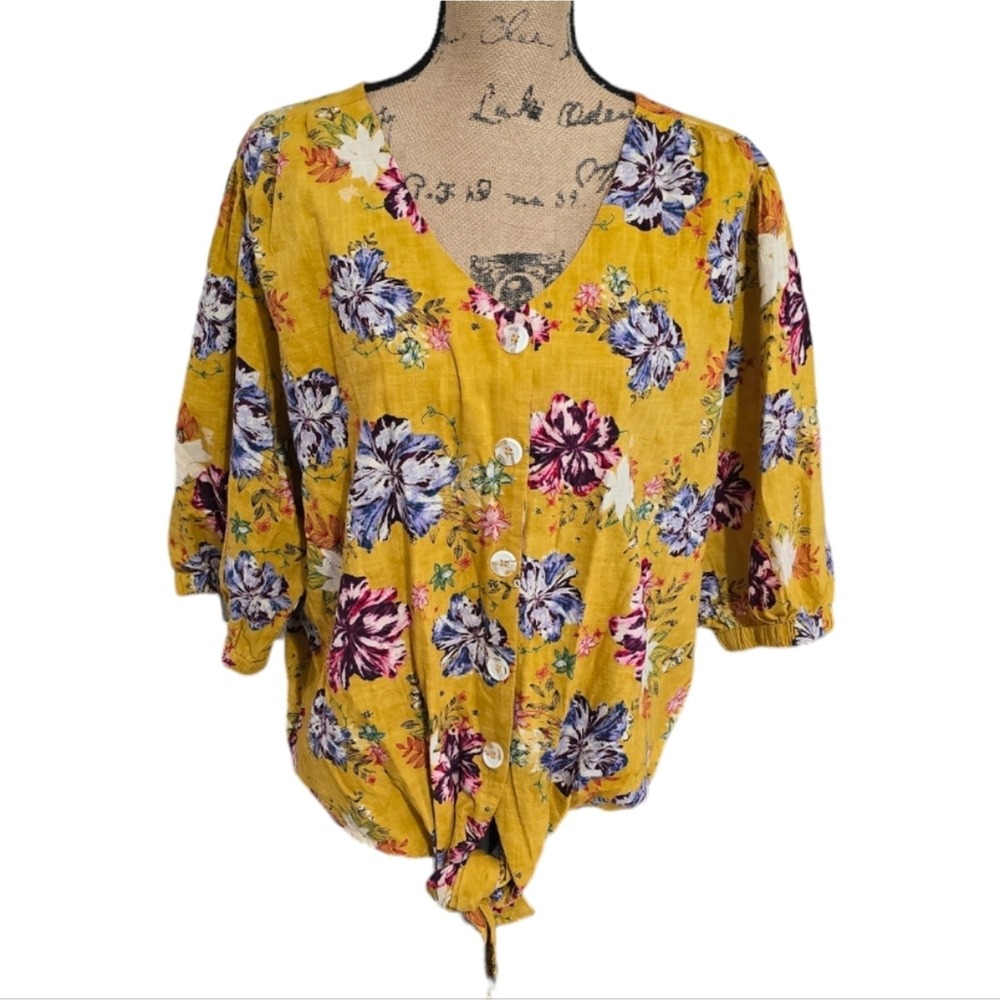 Anthropologie x RD & KOKO Golden Rod Floral Linen Boho Button Down Shirt Plus Sz